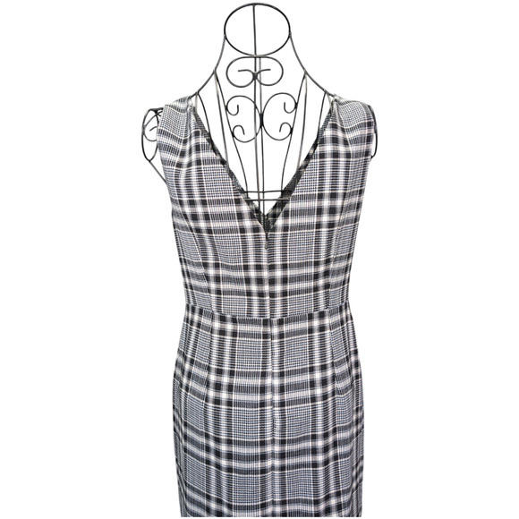 Veronica Beard Lark XS 2 V-Neck Button-Front Black White Plaid Sheath Midi Dress - Picture 7 of 9